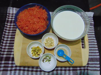 High angle view of breakfast served on table