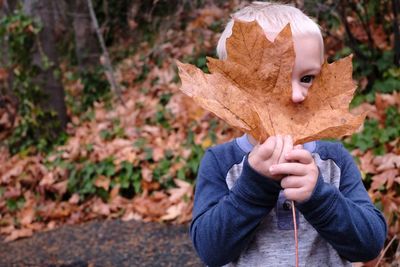 Person holding dry maple leaf during autumn