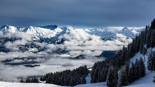 Scenic view of snow covered mountains against sky