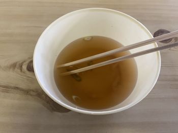 High angle view of tea in bowl on table