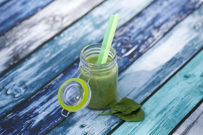 Close-up of drink in jar on table