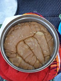 High angle view of dessert in bowl on table