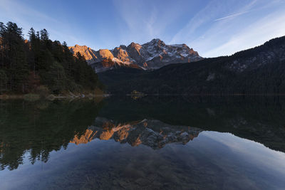 Scenic view of lake and mountains against sky