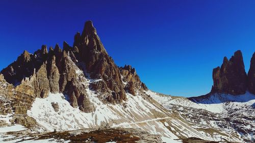 Scenic view of snowcapped mountains against clear blue sky