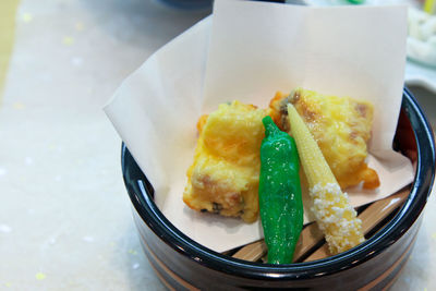 High angle view of food in plate on table