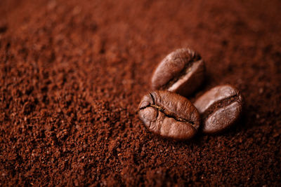Closeup of three coffee beans at the mixed heap of roasted coffee with copy space