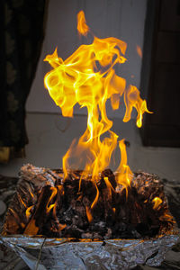 Close-up of fire on wood