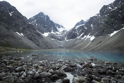 Scenic view of lake and mountains against sky