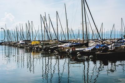 Boats moored at harbor