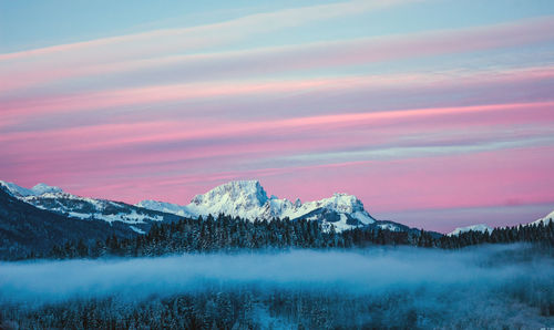 Scenic view of mountains against sky during winter