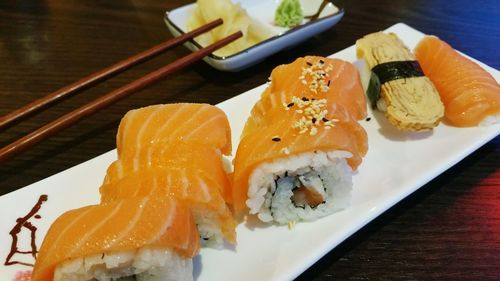 Close-up of sushi served on table