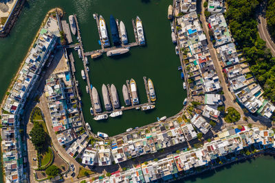 Aerial view of harbor and houses