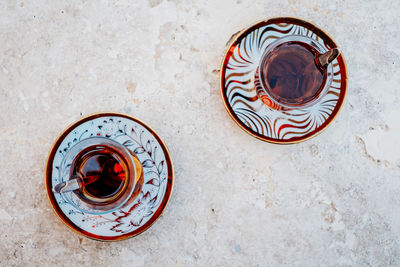 High angle view of coffee cup on table