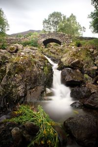 Scenic view of waterfall in forest against sky