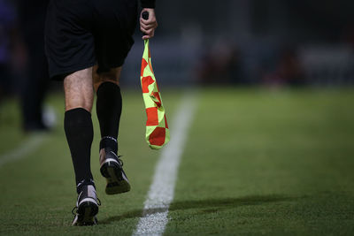 Low section of man with flag walking on soccer field