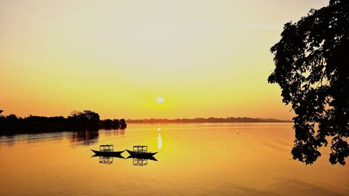 Silhouette of tree by lake against sky during sunset