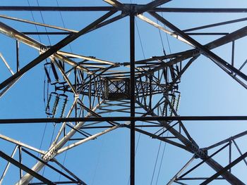 Low angle view of electricity pylon against clear sky