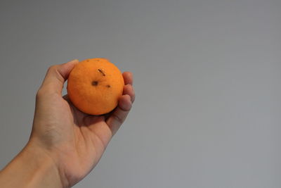 Cropped image of person holding apple against orange background