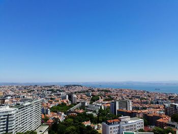 High angle view of cityscape against clear blue sky