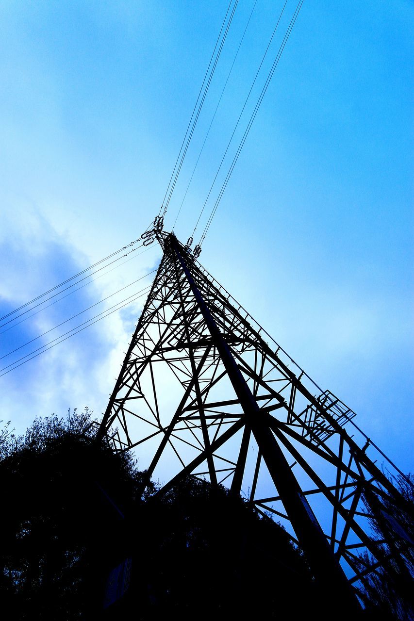 low angle view, electricity pylon, fuel and power generation, blue, sky, power supply, power line, connection, technology, electricity, silhouette, clear sky, metal, built structure, cable, dusk, no people, outdoors, complexity, metallic