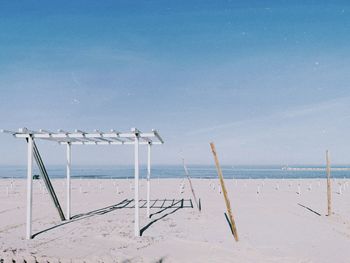 Scenic view of beach against clear blue sky