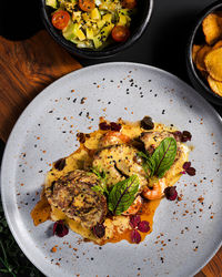 High angle view of food in plate on table