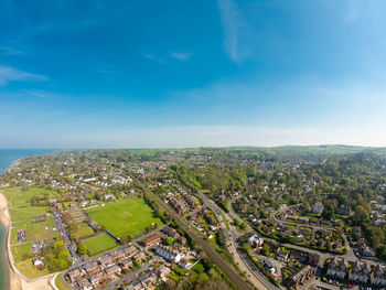 High angle view of buildings in city against sky