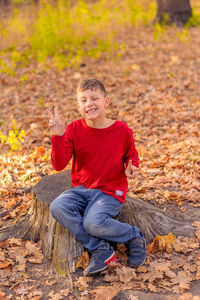 Little funny boy in a red sweater sits on a stump in an autumn park and shows the sign victory