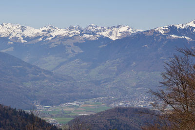 Scenic view of snowcapped mountains against clear sky