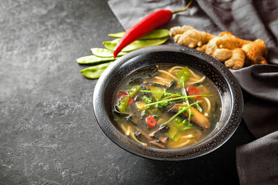 High angle view of soup in bowl on table