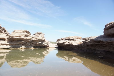 Rocks by lake against sky