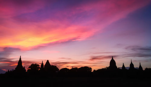 Silhouette of temple building against sky during sunset