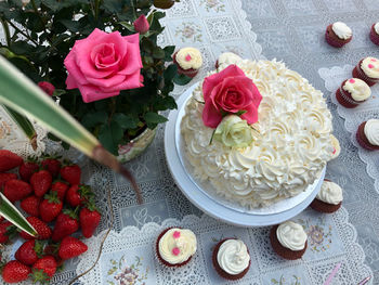 High angle view of pink roses on table