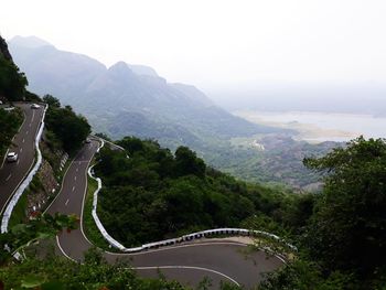 High angle view of mountain road against sky