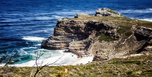 Rock formation in sea against sky