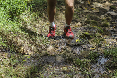 Low section of man walking on wet land