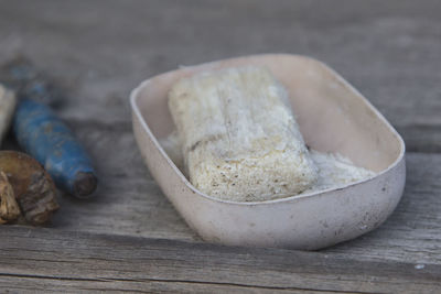 High angle view of bread in bowl on table