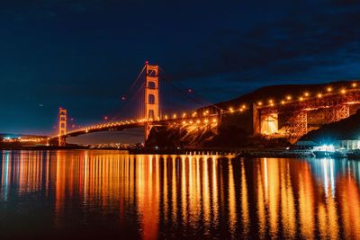 Illuminated bridge over river at night