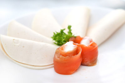 Close-up of serving slices in plate