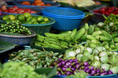 High angle view of vegetables for sale at market stall