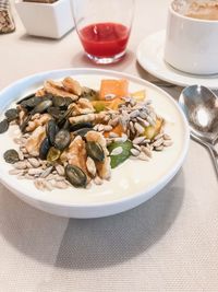 Close-up of breakfast served on table