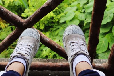 Low section of person wearing shoes on railing