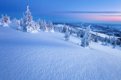 Scenic view of snow covered landscape against blue sky during sunrise