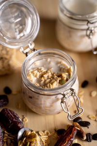 High angle view of ice cream in jar on table