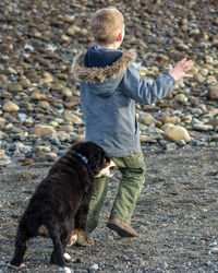 Rear view of boy standing with dog