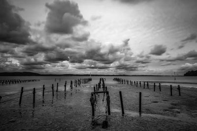 Wooden posts on beach against sky