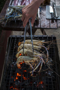Cropped hand grilling crayfish on barbecue
