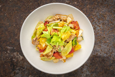 High angle view of salad served in plate on table