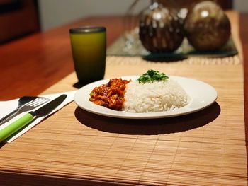 High angle view of food served on table