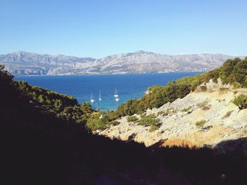 Scenic view of river and mountains against clear blue sky